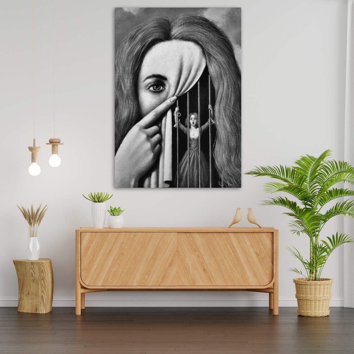 Surreal Woman Face Hiding A Tiny Prisoner Behind A Dark Curtain Poster - Image 3