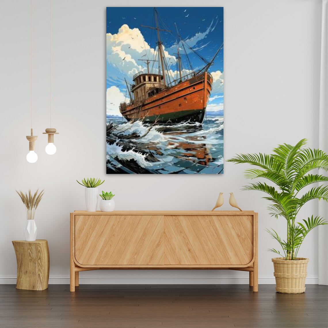 Old Rusty Fishing Trawler On Stormy Waves Vintage Maritime Art Poster - Image 2