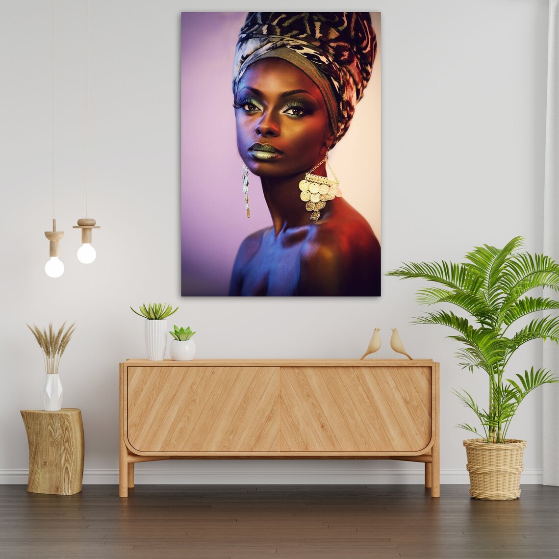 African Woman Portrait Colorful Headwrap Gold Earrings Dramatic Art Print Poster - Image 3