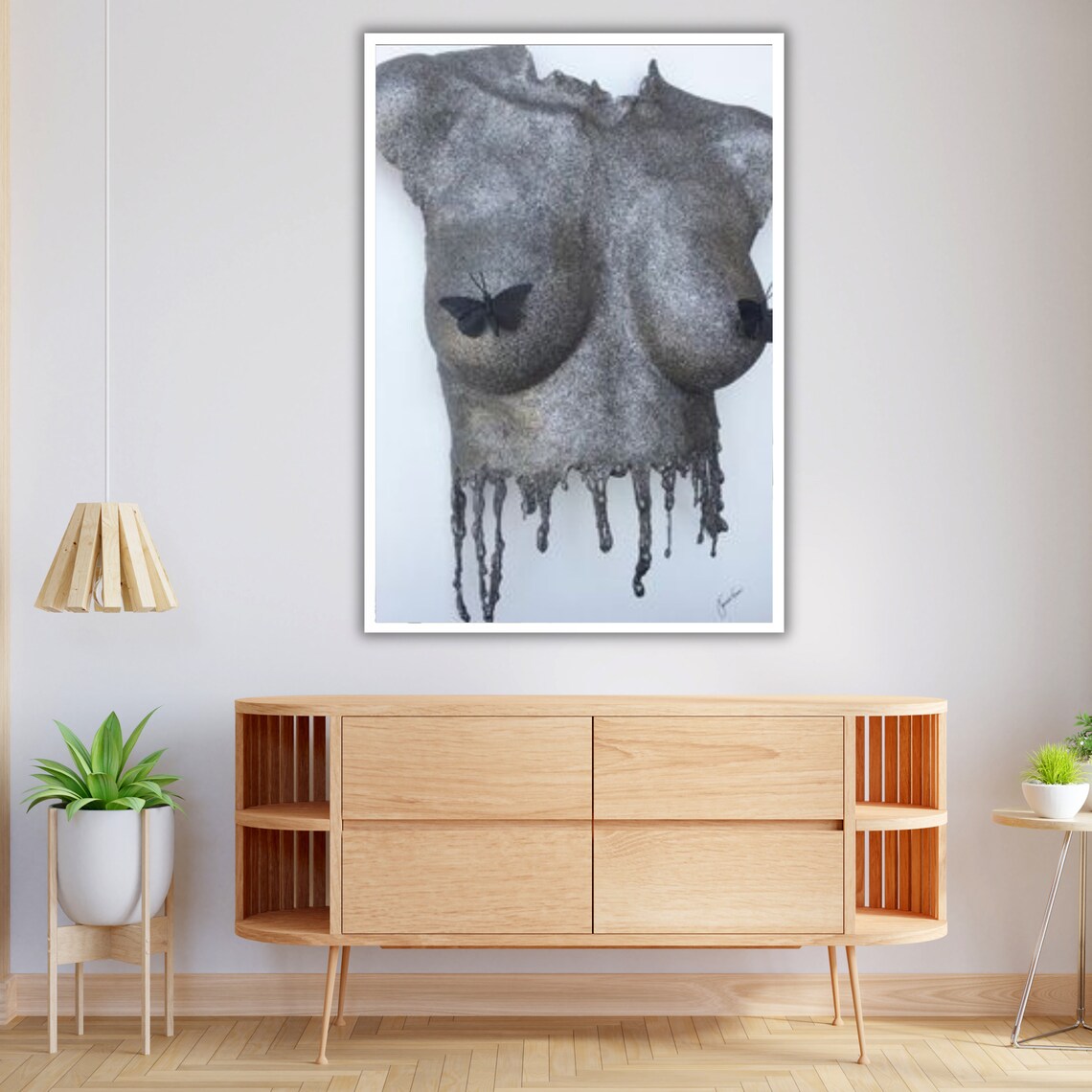 Metal Female Torso Sculpture Butterflies Surreal Grey Modern Wall Art Print - Image 4