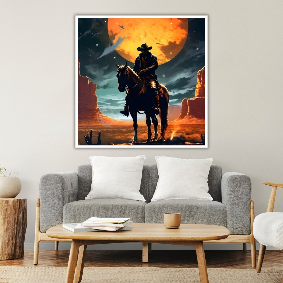 Cowboy Horse Silhouette Giant Orange Moon Desert Canyon Wall Art - Image 3