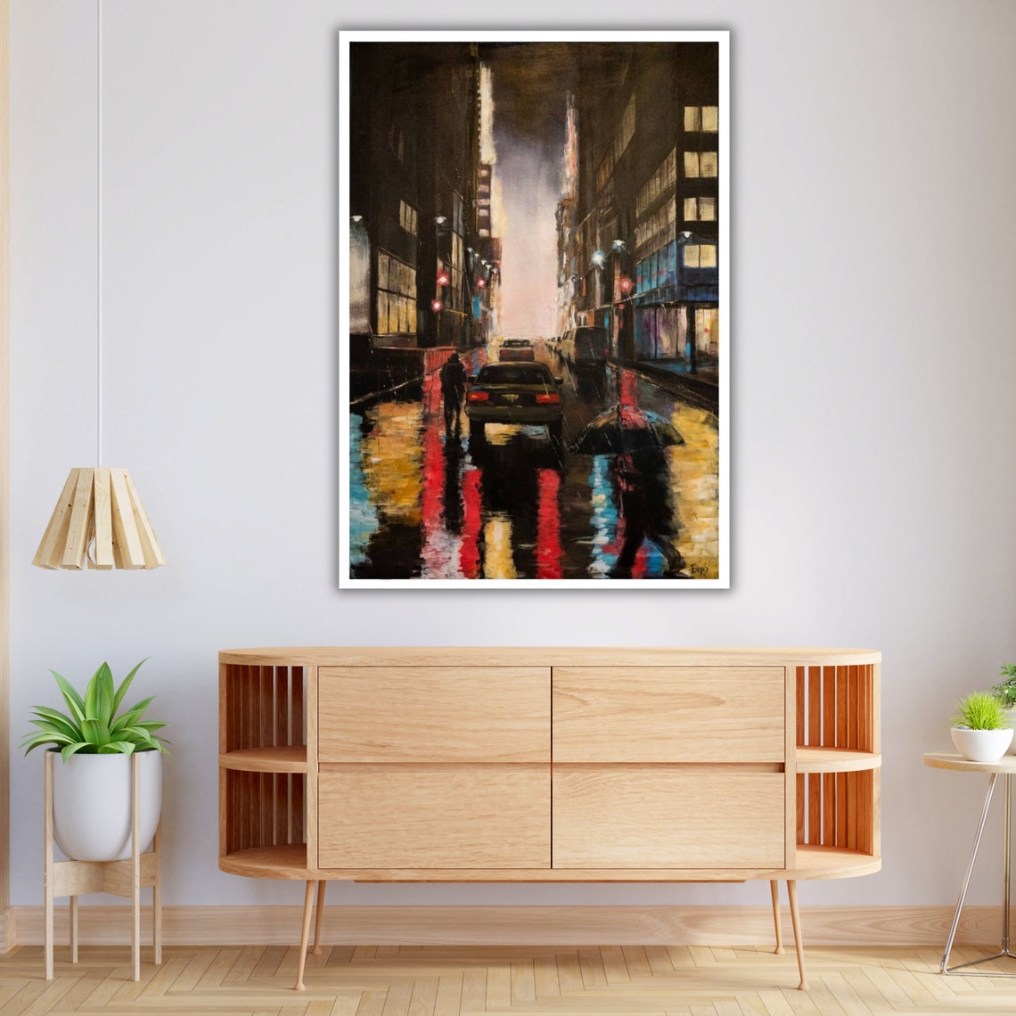 Rainy City Street Night Neon Reflections Umbrella Lights Wall Art - Image 4