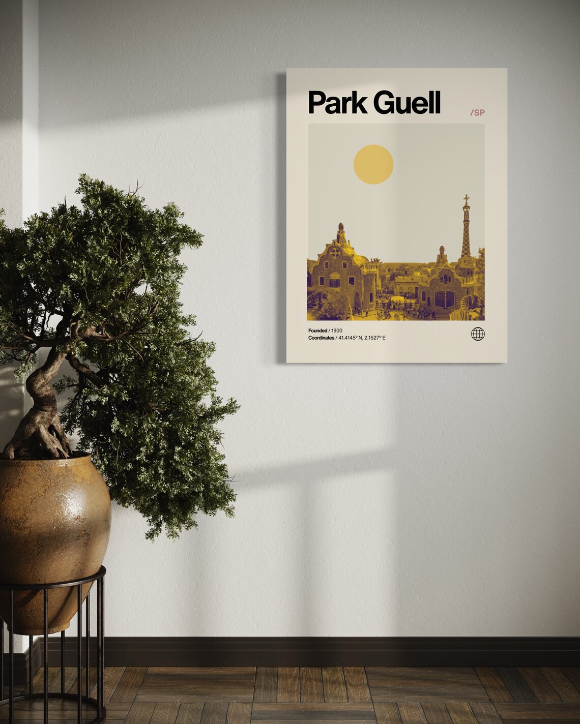 Park Guell Barcelona Sepia Monochrome Helvetica Travel Poster - Image 2