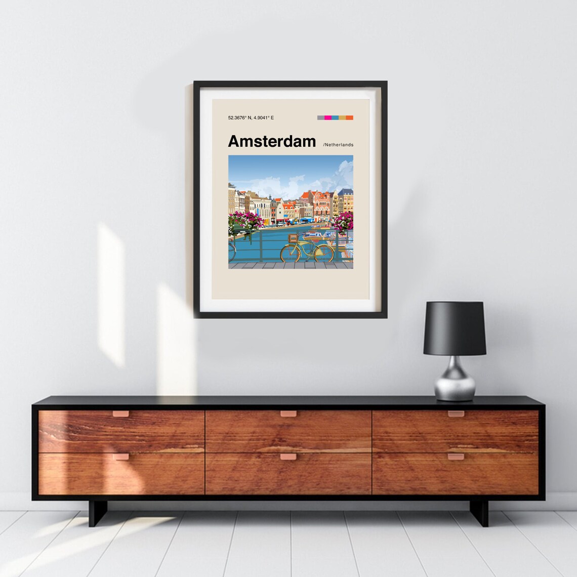 Amsterdam Canal Bridge Bicycle Flowers Flat Illustration Travel Poster - Image 2