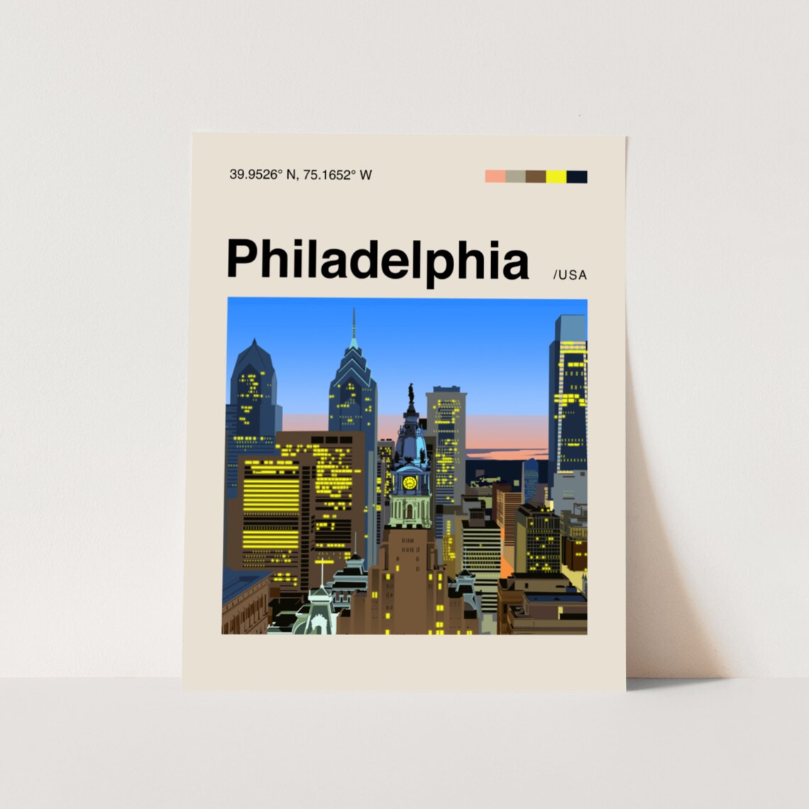Philadelphia Skyline City Hall Dusk Flat Illustration Travel Poster