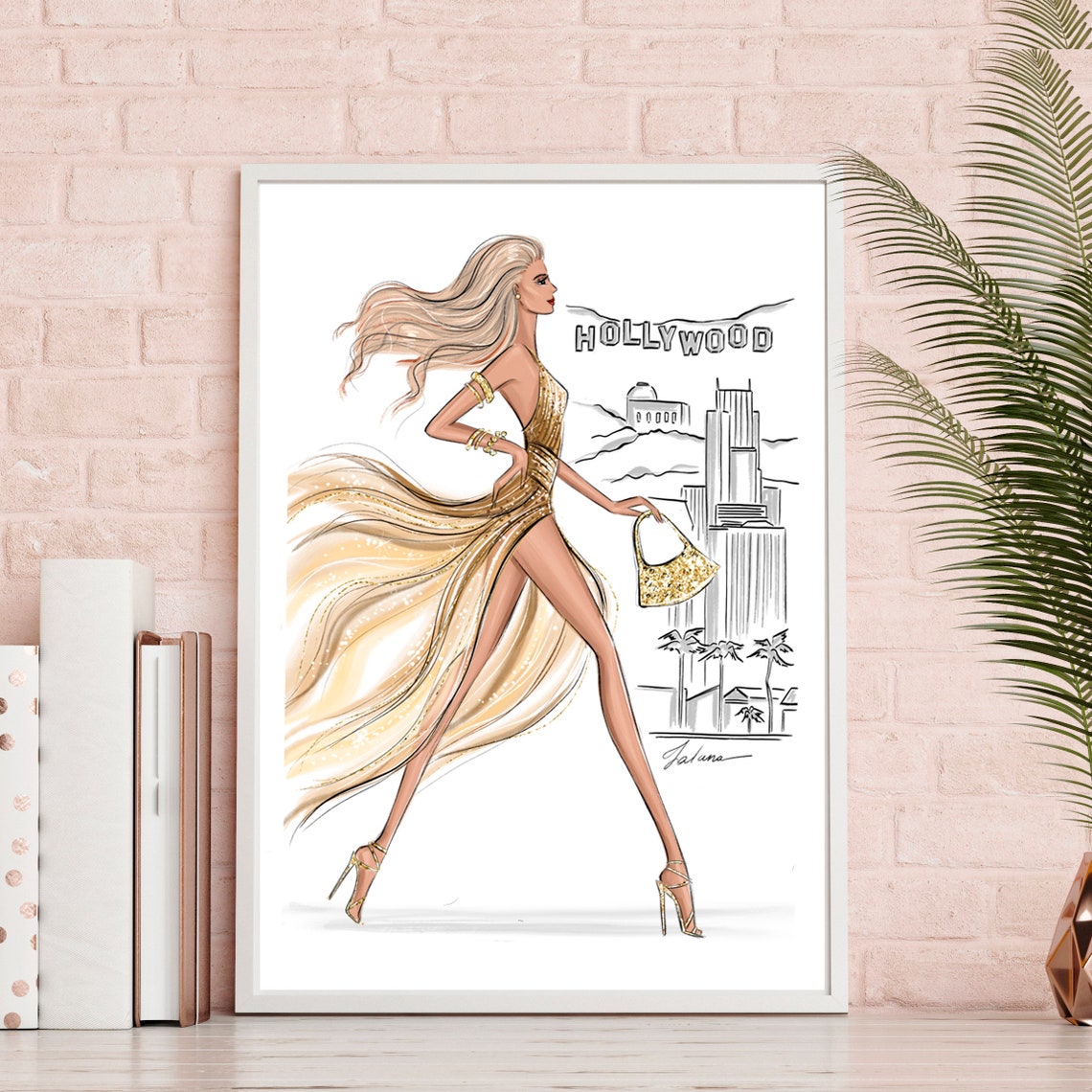 Hollywood Gold Gown Fashion Illustration with Sign Skyline Poster - Image 2