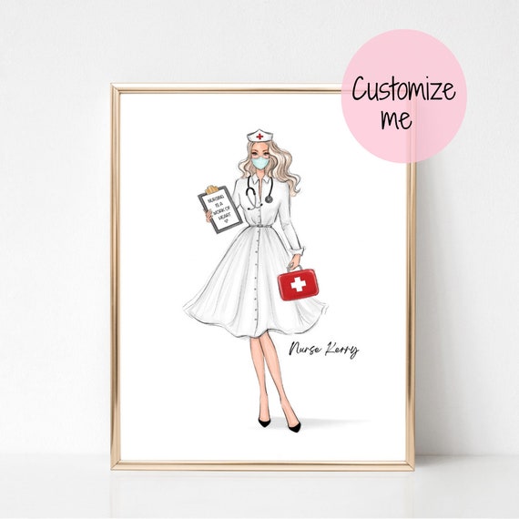 Personalized Nurse Art Print Fashion Illustration Retro Nurse Drawing Art Nurse Gift Nurse Graduation Gift Medical Wall Art