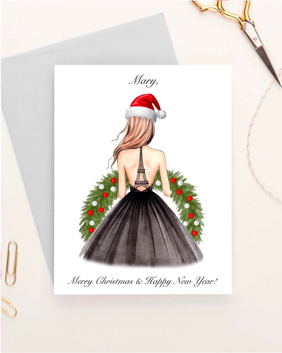 Personalized Christmas Card Santa Hat Eiffel Tower Fashion Girl Poster