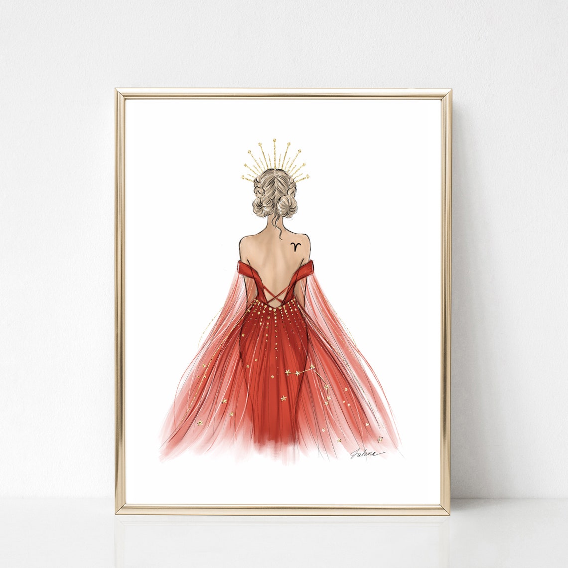Aries Zodiac Woman Red Starry Gown Fashion Illustration Poster - Image 2