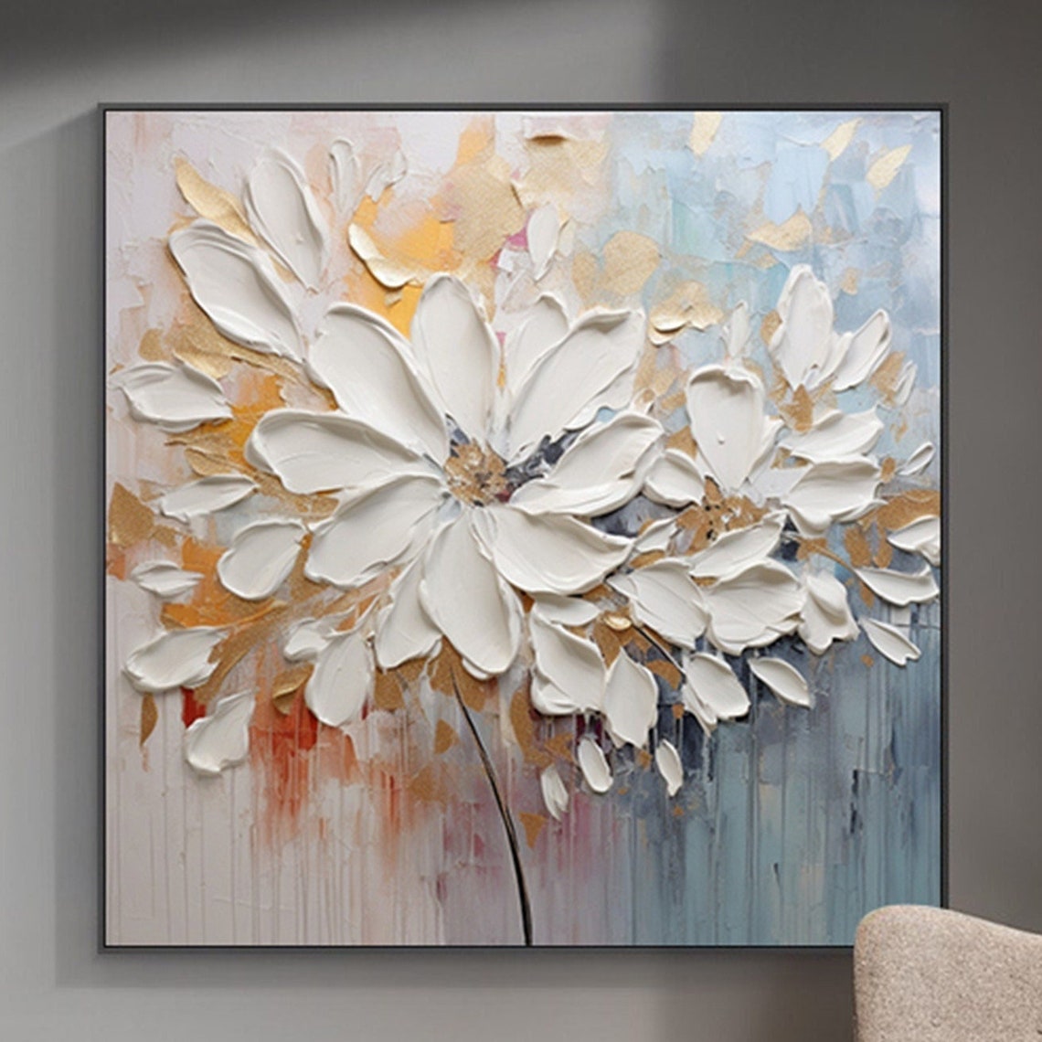 White Bloom Petals 3D Textured Impasto Flower Painting Gold Wall Art