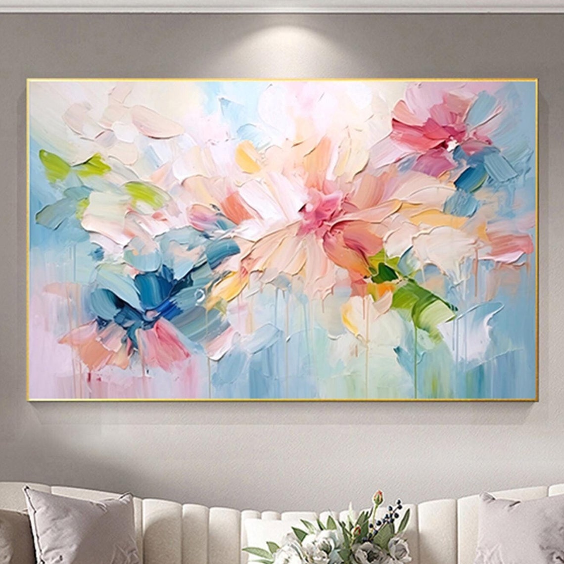Peach Pink Peony Blossoms Light Blue Panoramic Elegant Wall Art
