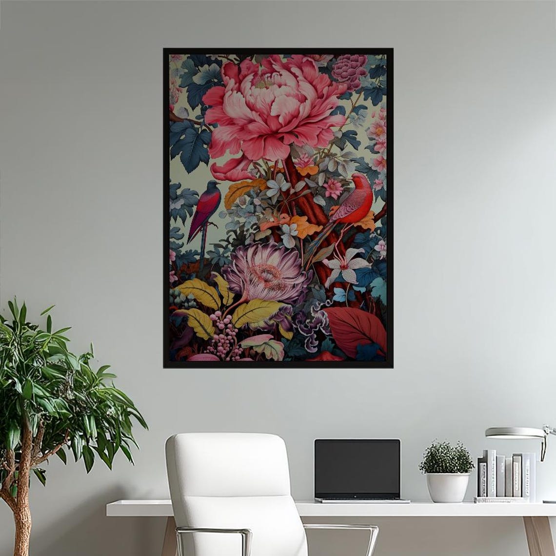 Chinoiserie Peony Flowers And Red Birds Maximalist Botanical Poster