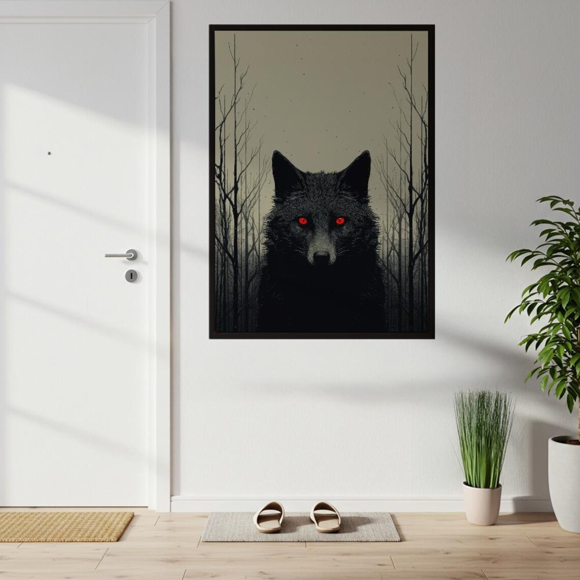 Black Wolf With Piercing Red Eyes Dark Forest Gothic Fantasy Art Poster