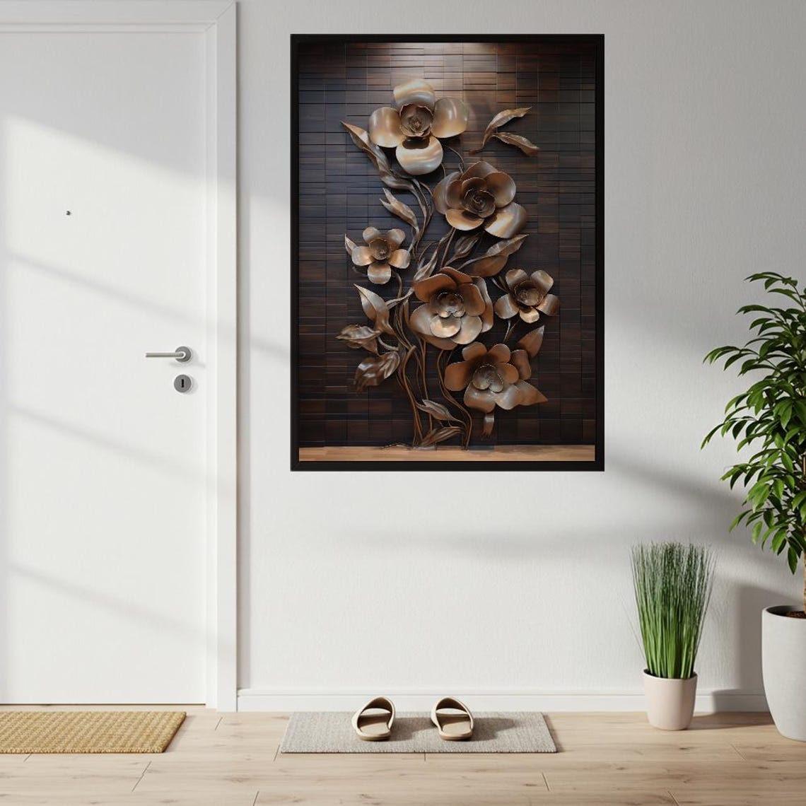 Bronze Metal Flower Sculpture On Dark Wood Elegant Botanical Poster