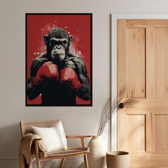 Chimpanzee Boxing Art Poster Fierce Chimp Gym Decor Motivational Animal Print Urban Street Style Bold Wall For Home