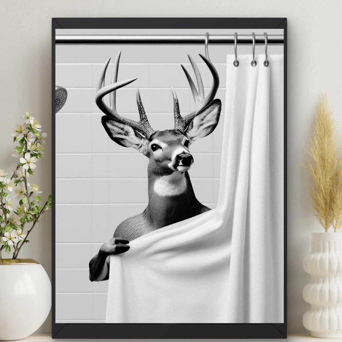 Funny Deer In Shower Bathroom Art Print