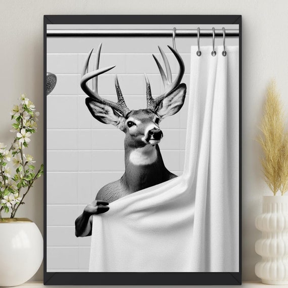 Funny Deer In Shower Bathroom Art Print