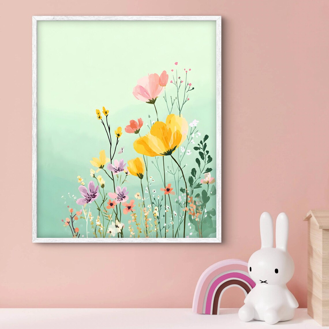 Pastel Wildflower Meadow Poster With Yellow Poppies And Pink Blossoms