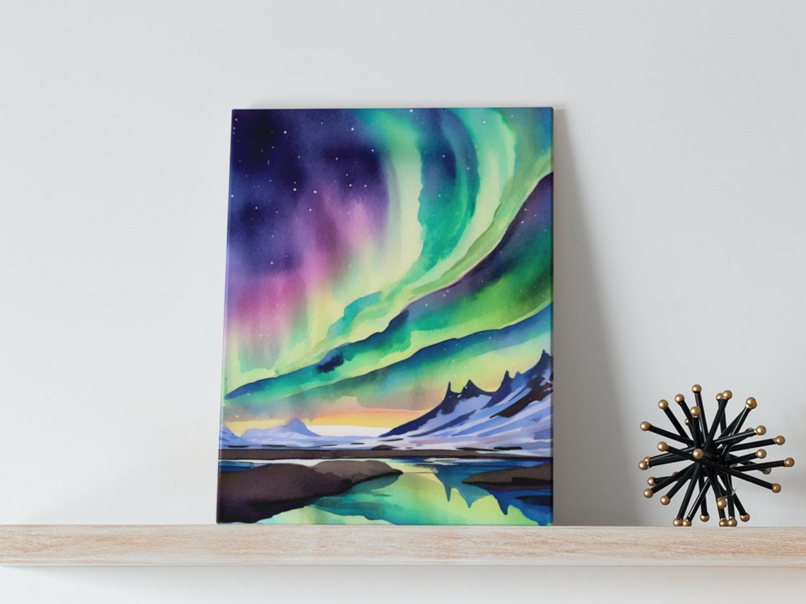 Northern Lights Watercolor Iceland Aurora Night Sky Art Poster