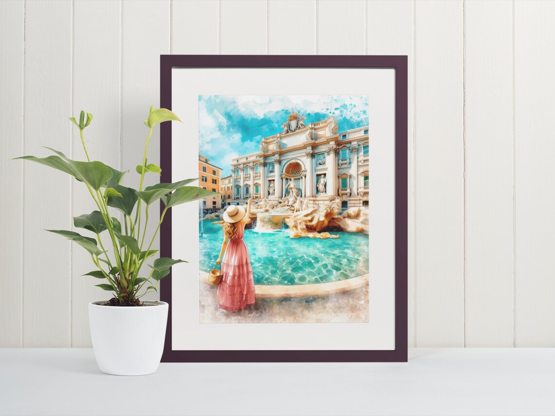 Trevi Fountain Rome Watercolor Traveler Pink Dress Souvenir Poster
