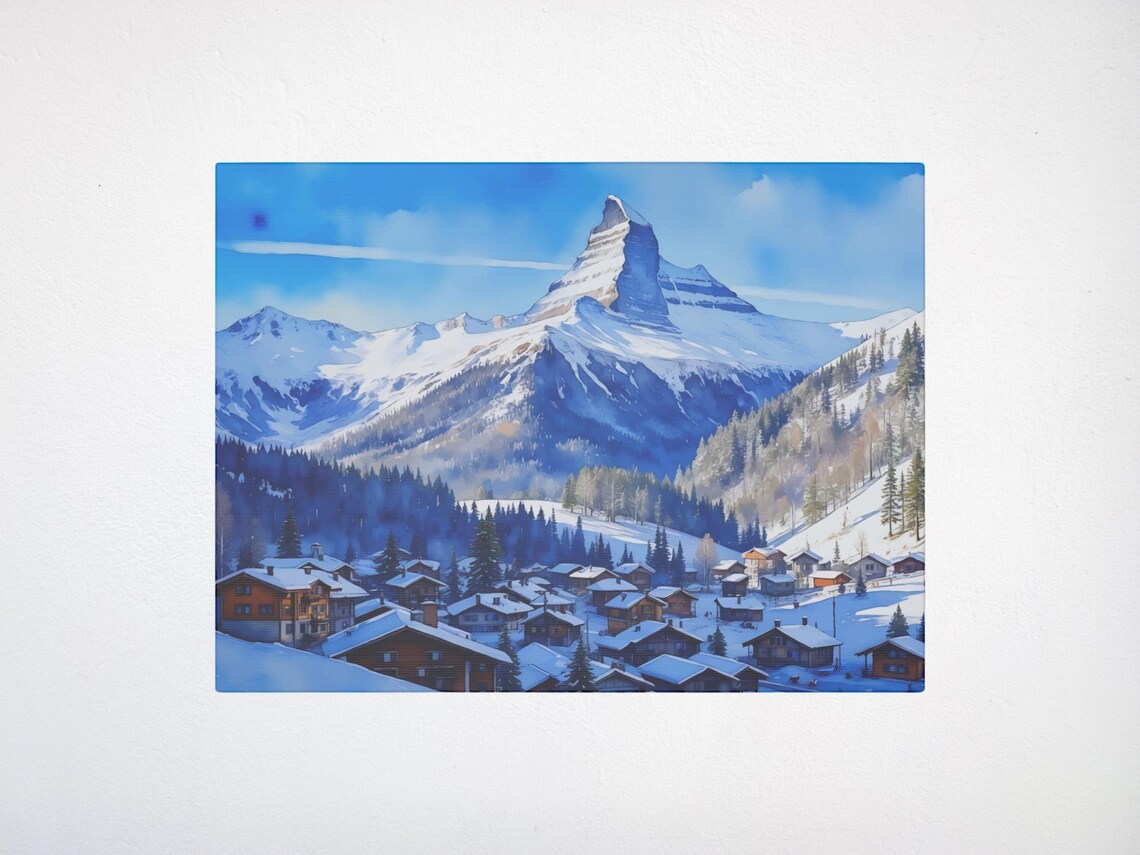 Swiss Alps Watercolor With Matterhorn And Snowy Village Poster