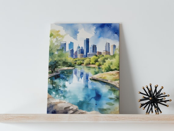 Austin Texas Barton Springs Skyline Watercolor City Park Wall Art