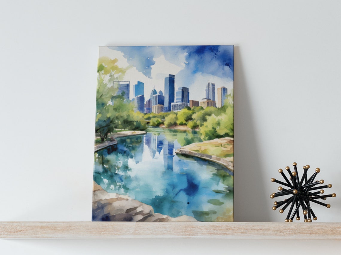 Austin Texas Barton Springs Skyline Watercolor City Park Wall Art