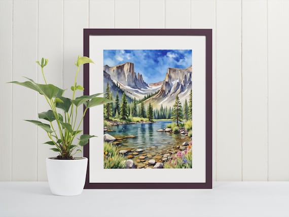 Rocky Mountain Alpine Lake Watercolor Wilderness Landscape Print