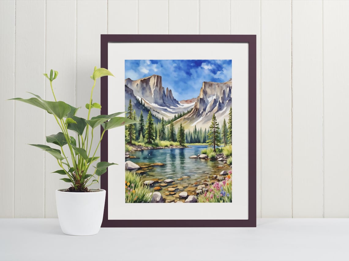 Rocky Mountain Alpine Lake Watercolor Wilderness Landscape Print