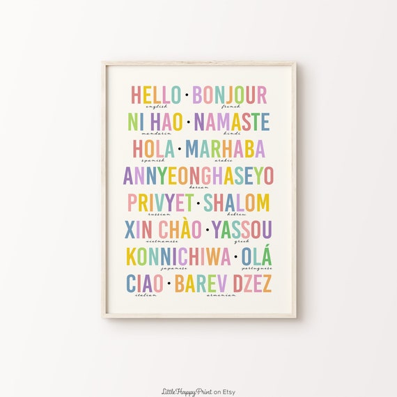 Hello In Different Languages Print Colourful Rainbow Typography Nursery Classroom Entryway Home Decor Office Poster Instant Download