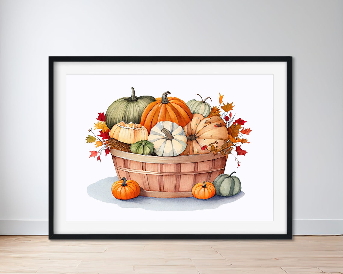 Autumn Pumpkin Basket Watercolor Fall Harvest Still Life Poster - Image 3