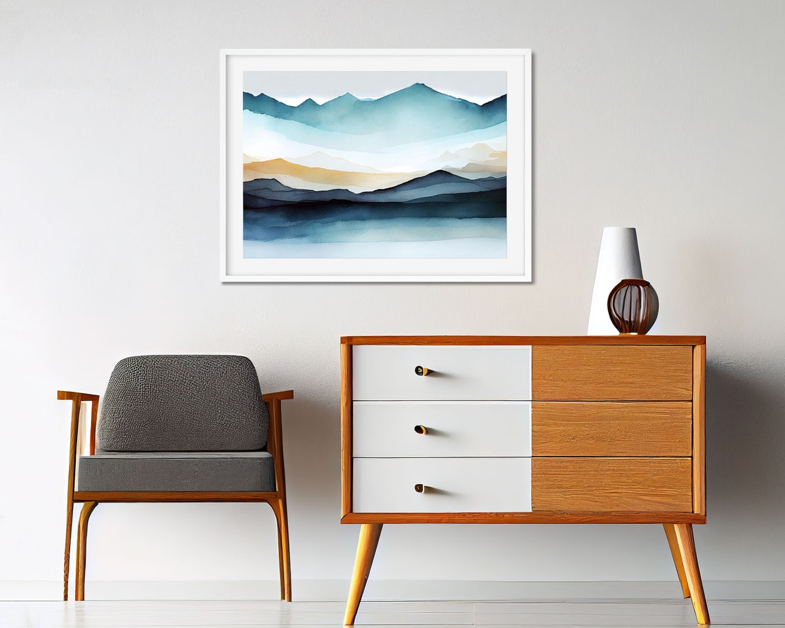 Blue Teal Watercolor Layered Mountain Landscape Scenic Nature Poster - Image 2