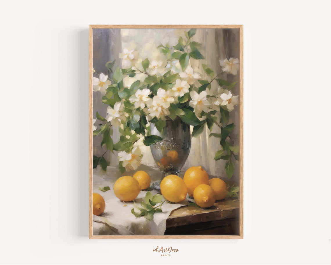 White Blossom Bouquet Lemons Still Life Impressionist Kitchen Poster