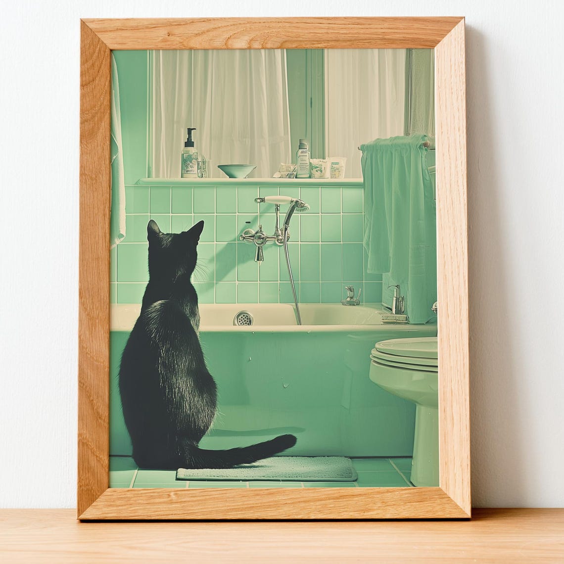 Funny Black Cat Wall Art Watching Water Drip Retro Mint Bathroom Poster Vintage Print Humorous Decor