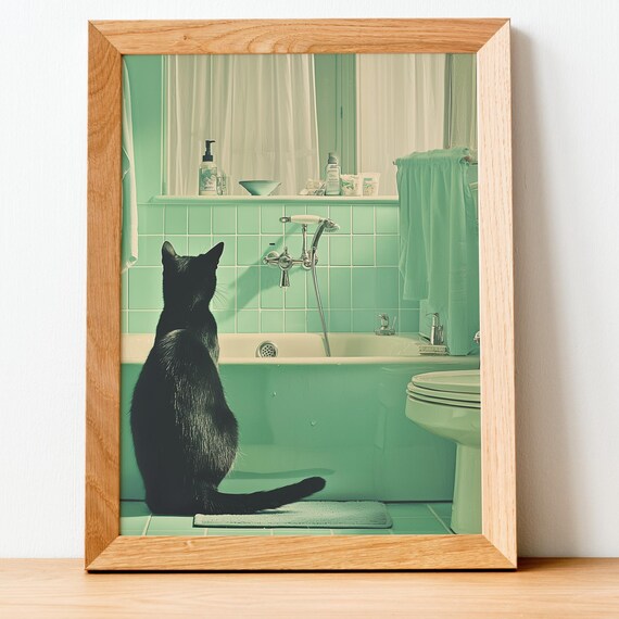 Funny Black Cat Wall Art Watching Water Drip Retro Mint Bathroom Poster Vintage Print Humorous Decor