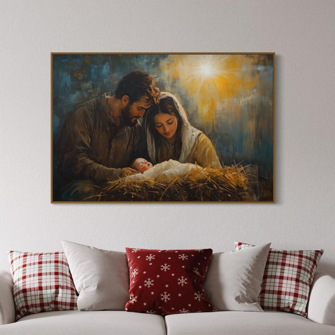 Nativity Scene Mary Joseph Baby Jesus Manger Bright Star Christmas Poster