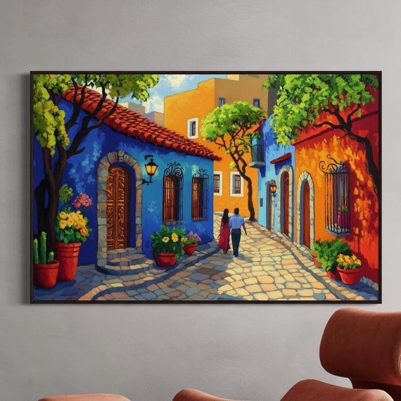 Colorful Mexican Street Art Vibrant Old Town Print With Rustic Charm And Romantic Couple Perfect Latin Decor For Warm Wall Spaces