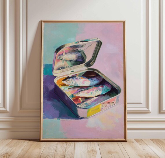 Pastel Sardine Tin Poster Colorful Pop Art Fish Print Coastal Kitchen Wall Decor Modern Seafood Painting Quirky Food