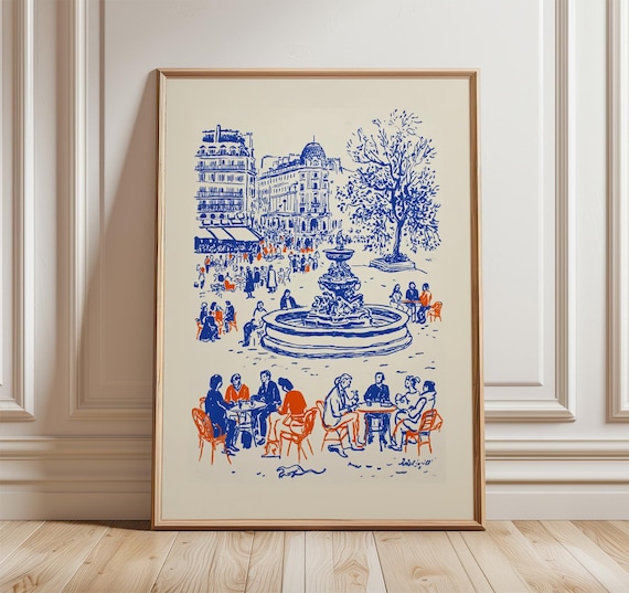 Fountain Piazza, Blue Line Art City Scene