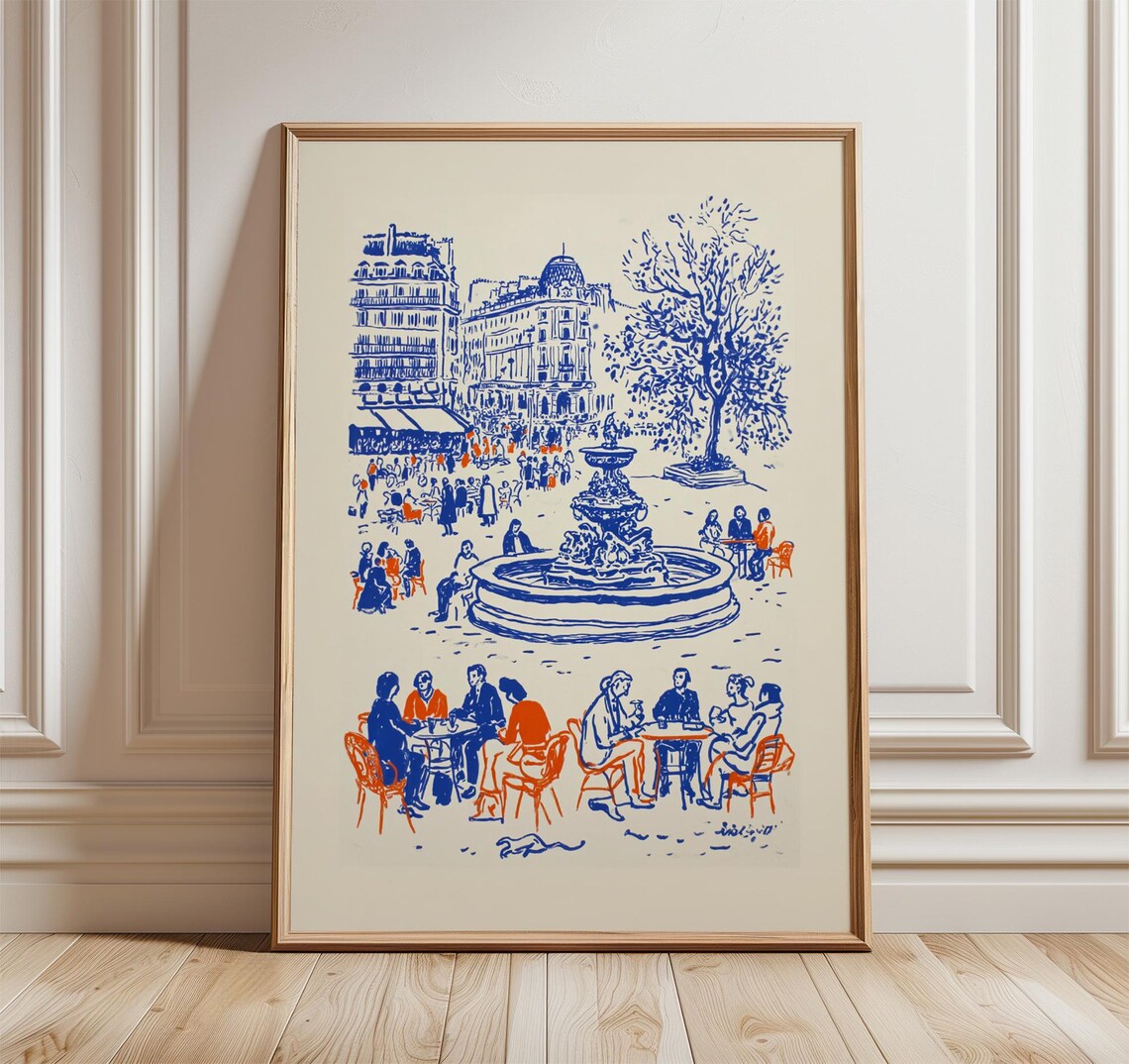 Fountain Piazza, Blue Line Art City Scene