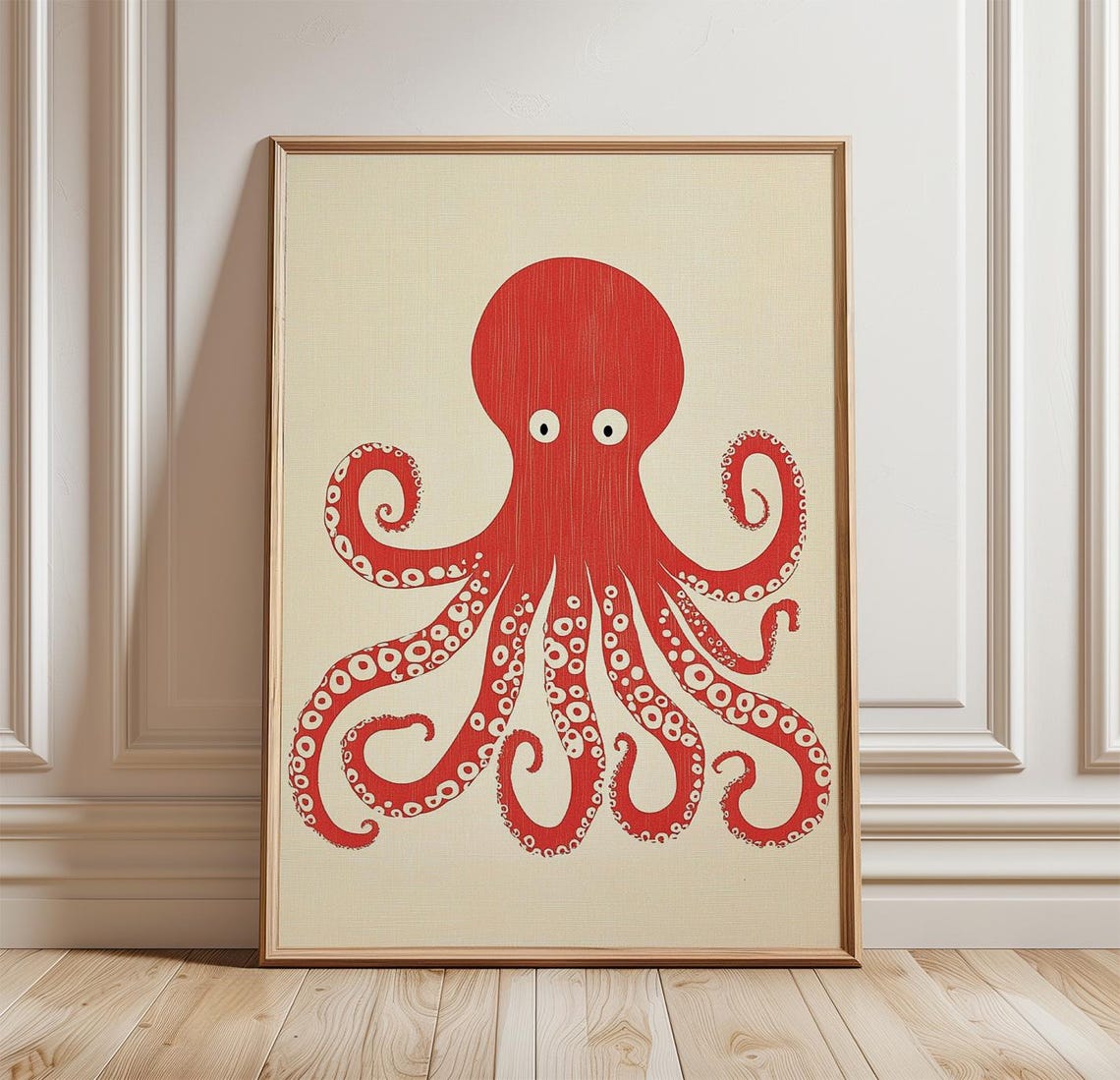 Cute Red Octopus With Curly Tentacles on Cream Background Poster