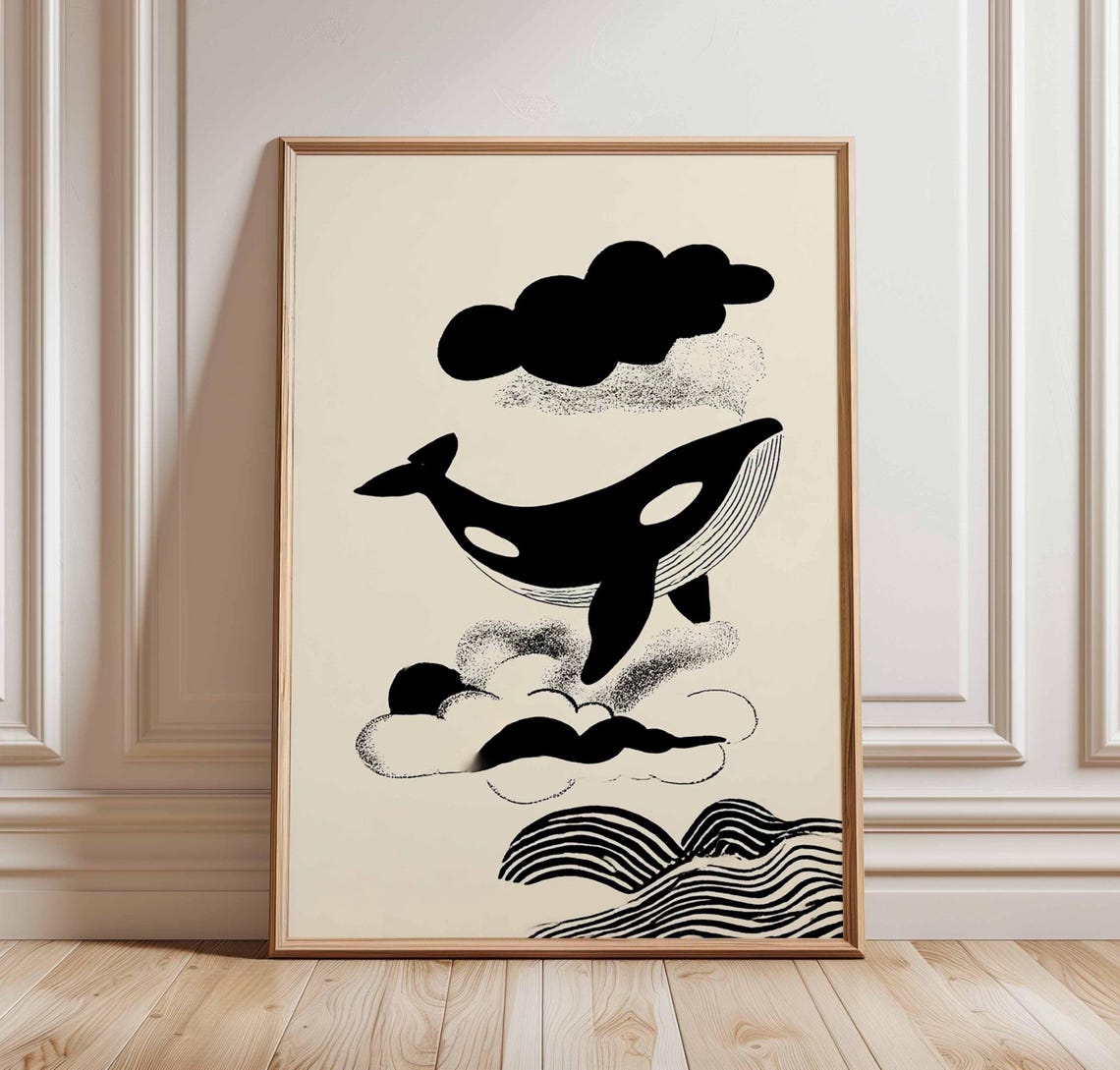 Black and White Whale Among Clouds Over Waves Monochrome Ocean Poster