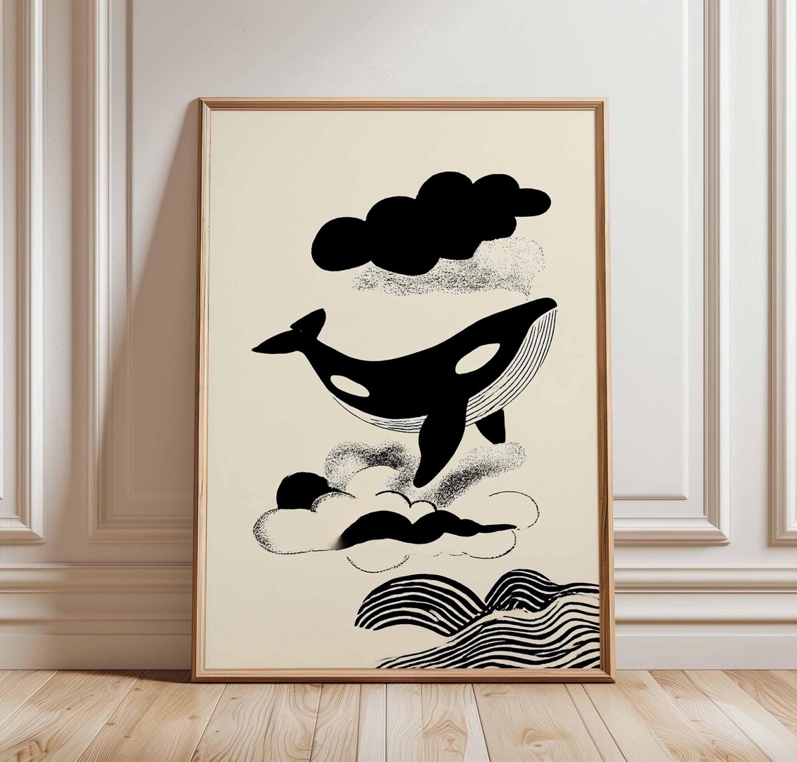 Whale Wall Art Print Black And White Abstract Poster Minimalist Ocean Decor Modern Sea Animal Illustration Nautical Line