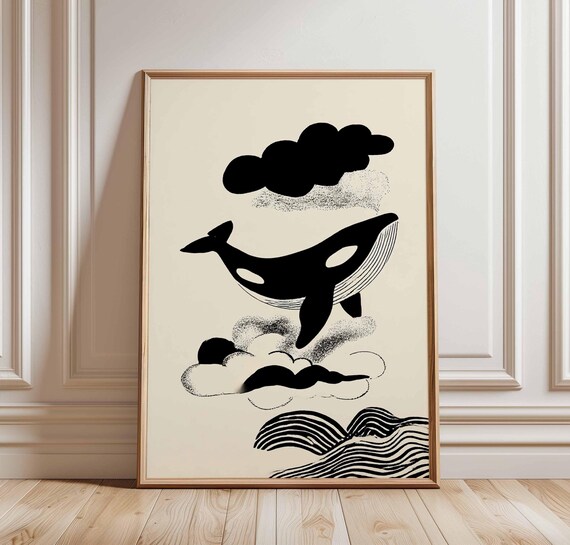 Whale Wall Art Print Black And White Abstract Poster Minimalist Ocean Decor Modern Sea Animal Illustration Nautical Line