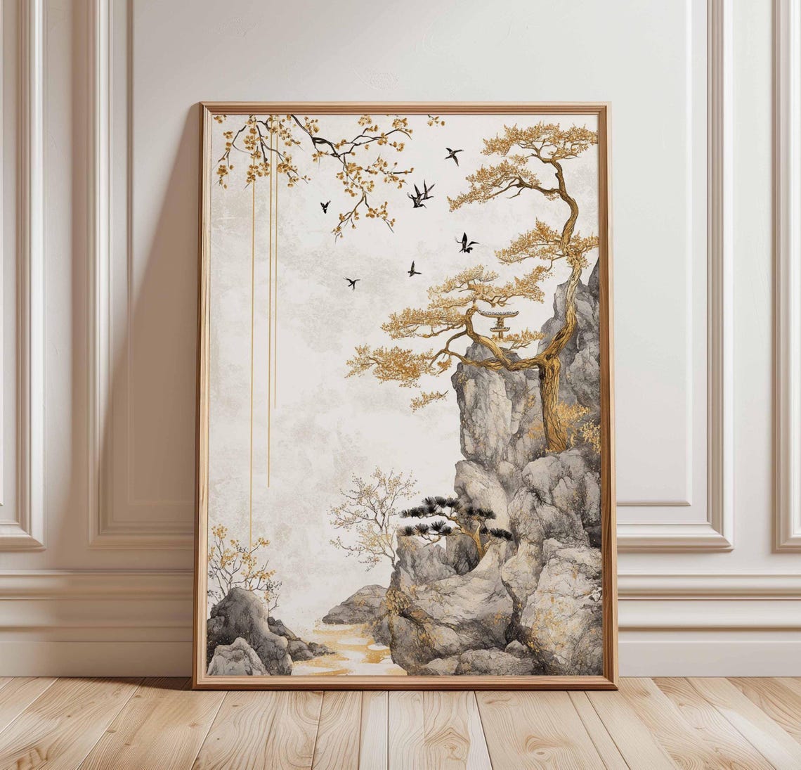 Golden Pine Trees Chinese Ink Wash Cliff Mountain Art Poster