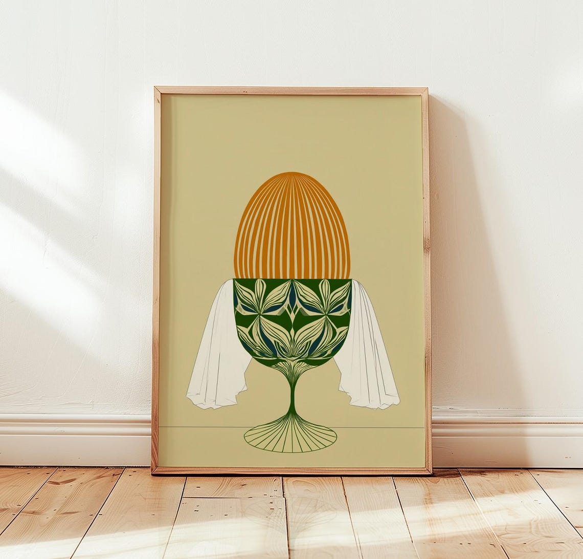 Abstract Egg Wall Art Surreal Botanical Cup Illustration Midcentury Modern Minimalist Poster