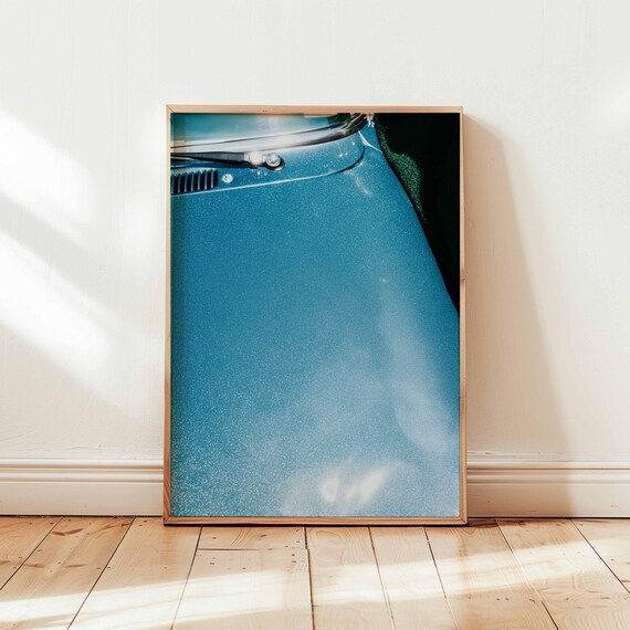 Retro Blue Vintage Car Hood Minimal Photography Print Auto Garage Decor