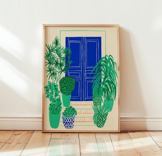 Blue Door Potted Plants Print Mediterranean Botanical Wall Art Vibrant Greenery Decor