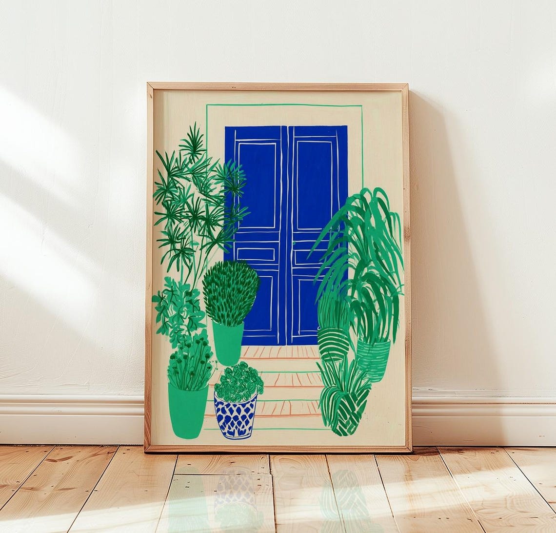 Cobalt Blue Door Surrounded By Green Potted Plants Art Poster