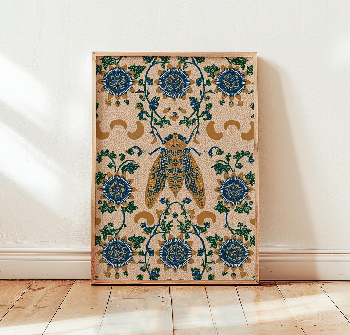 Vintage Cicada Poster, Botanical Folk Art Print